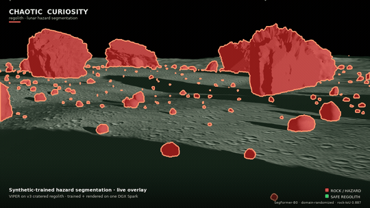 regolith: live hazard-segmentation overlay tracking boulders as NASA's VIPER rover crosses the cratered lunar surface